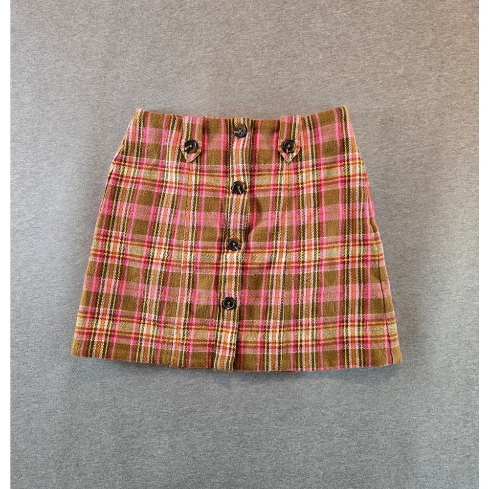 Maeve Anthropologie Plaid Mini Skirt Womens 6 Brown Pink Button Front A-Line